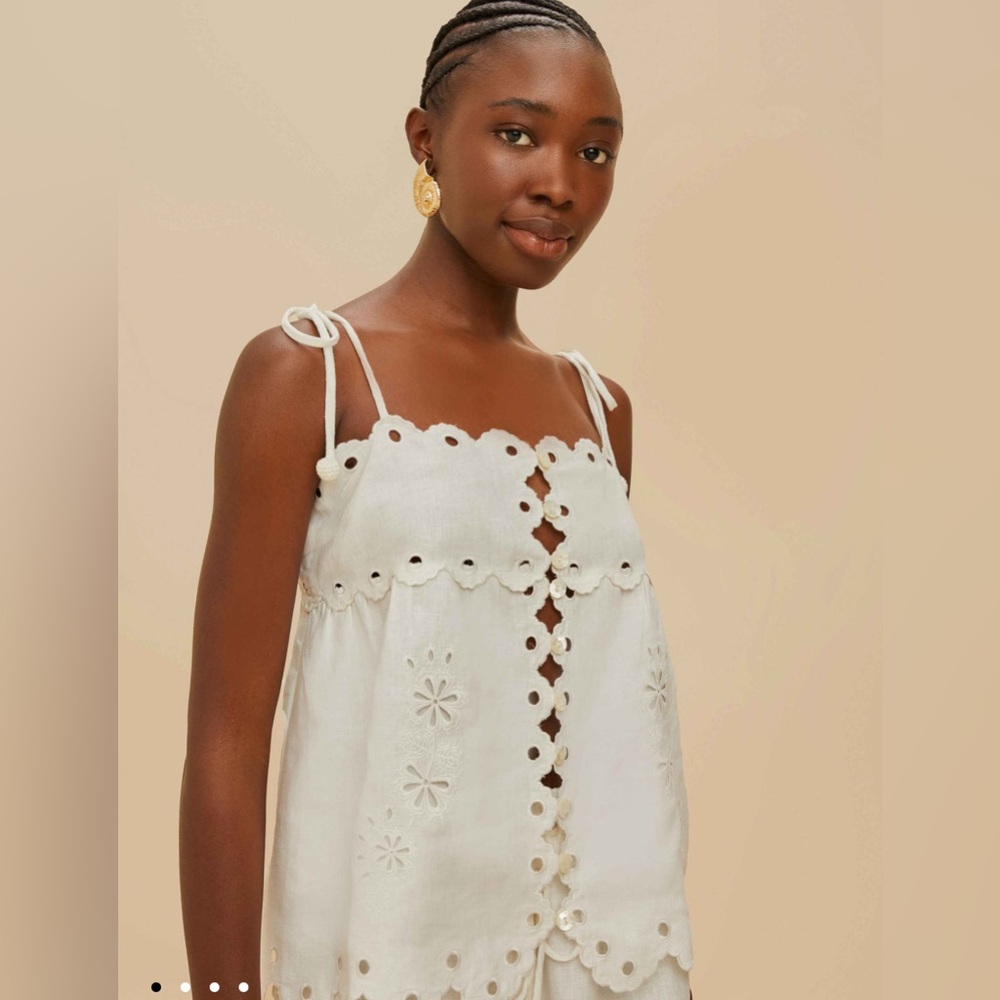 Farm Rio Off-White Flowers Richelieu Euroflax™ Premium Linen Blouse Size Small